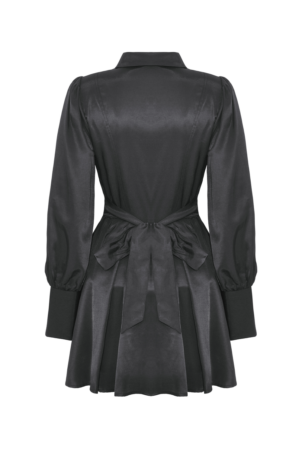 Back view of a black long-sleeved dress featuring a ruffled neckline and a tie at the waist for a gothic chic look.