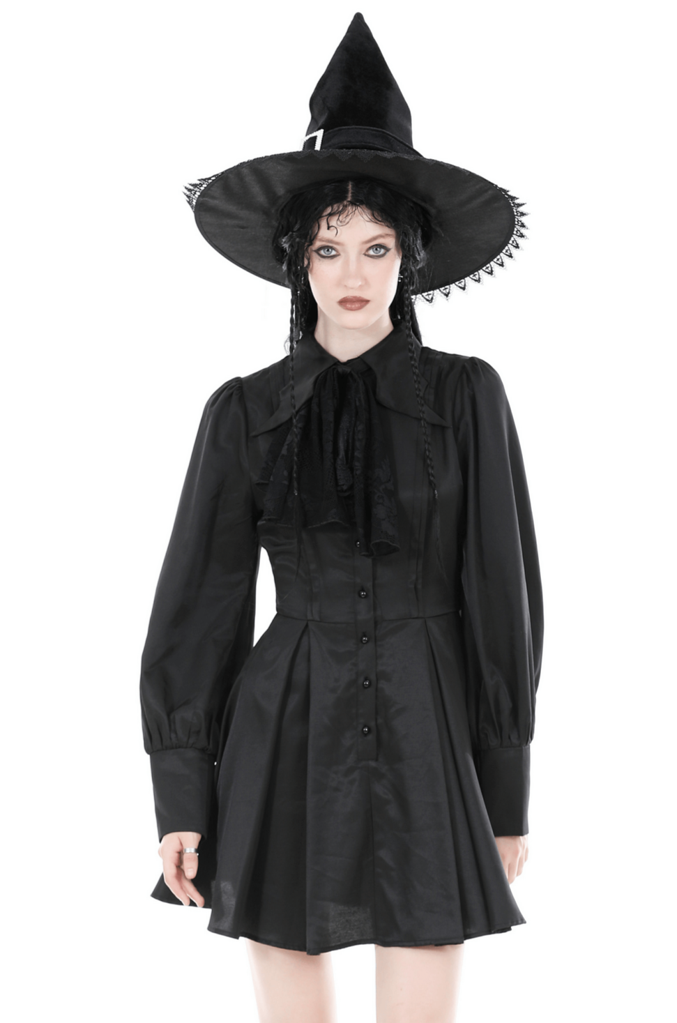 Gothic black long-sleeved dress with ruffled collar and witch hat, perfect for dark romance fashion.