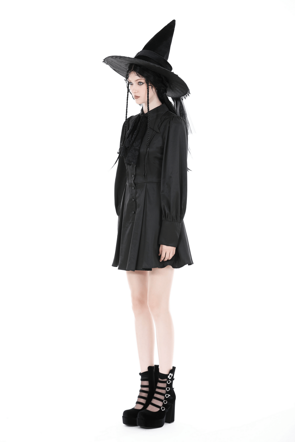 Gothic long-sleeved black dress with ruffle collar and witch hat, showcasing a dark romantic vibe.