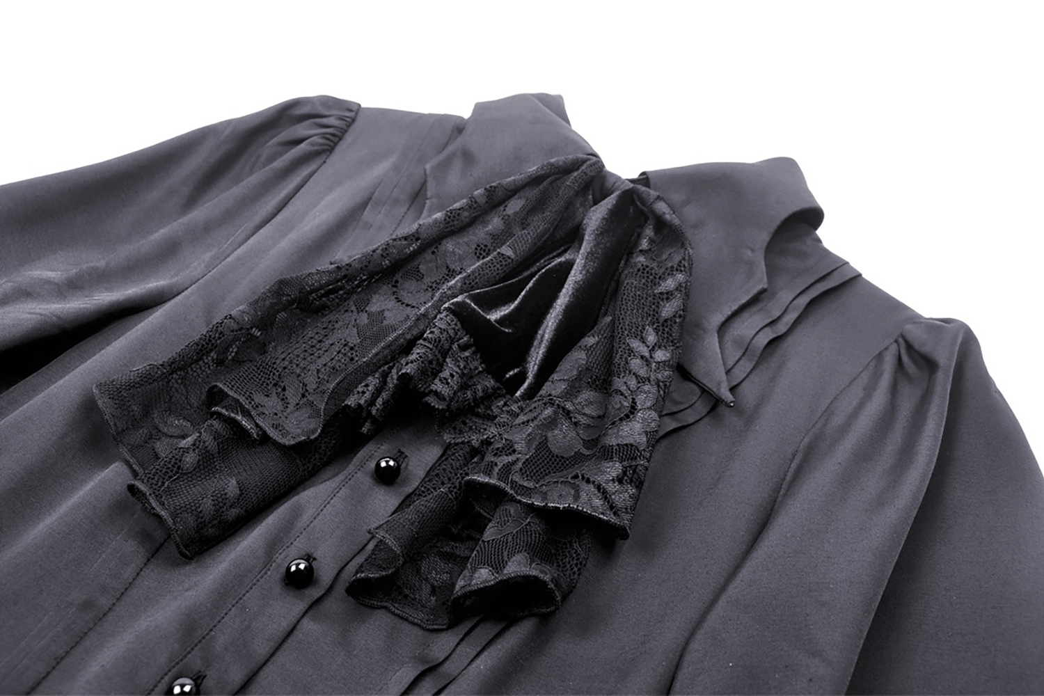 Close-up of black ruffle collar and button detail on a dark romance long-sleeved dress.