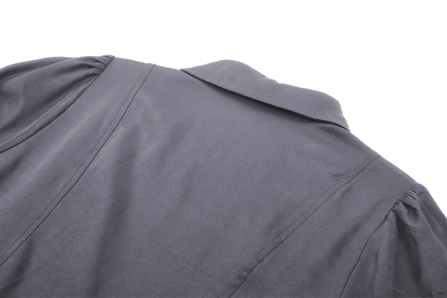 Back view of a black long-sleeved dress with a ruffled collar and elegant fabric detailing.