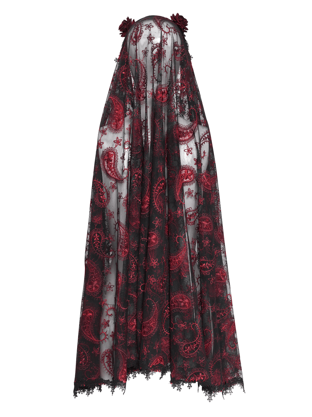 Gothic lace veil in black mesh with wine red paisley embroidery and rose accents, perfect for dark romantic or witchy looks.