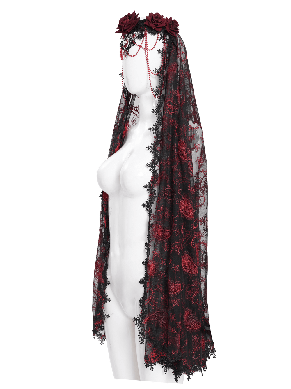 Dark romantic embroidered veil with skull pendant, wine red roses, and beaded chains for gothic fashion.