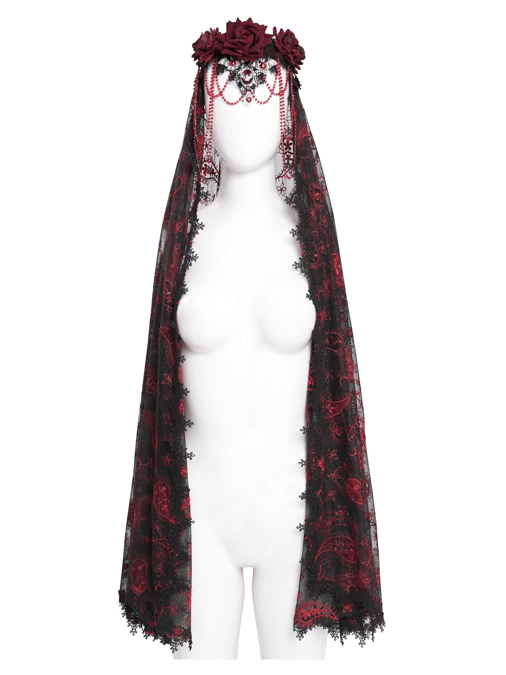 Dark romantic embroidered veil with skull pendant, roses, and beaded chains for gothic style.