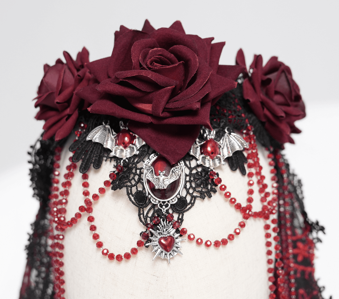 Gothic lace veil with wine red roses, skull pendant, and cascading beaded chains for dark romantic looks.