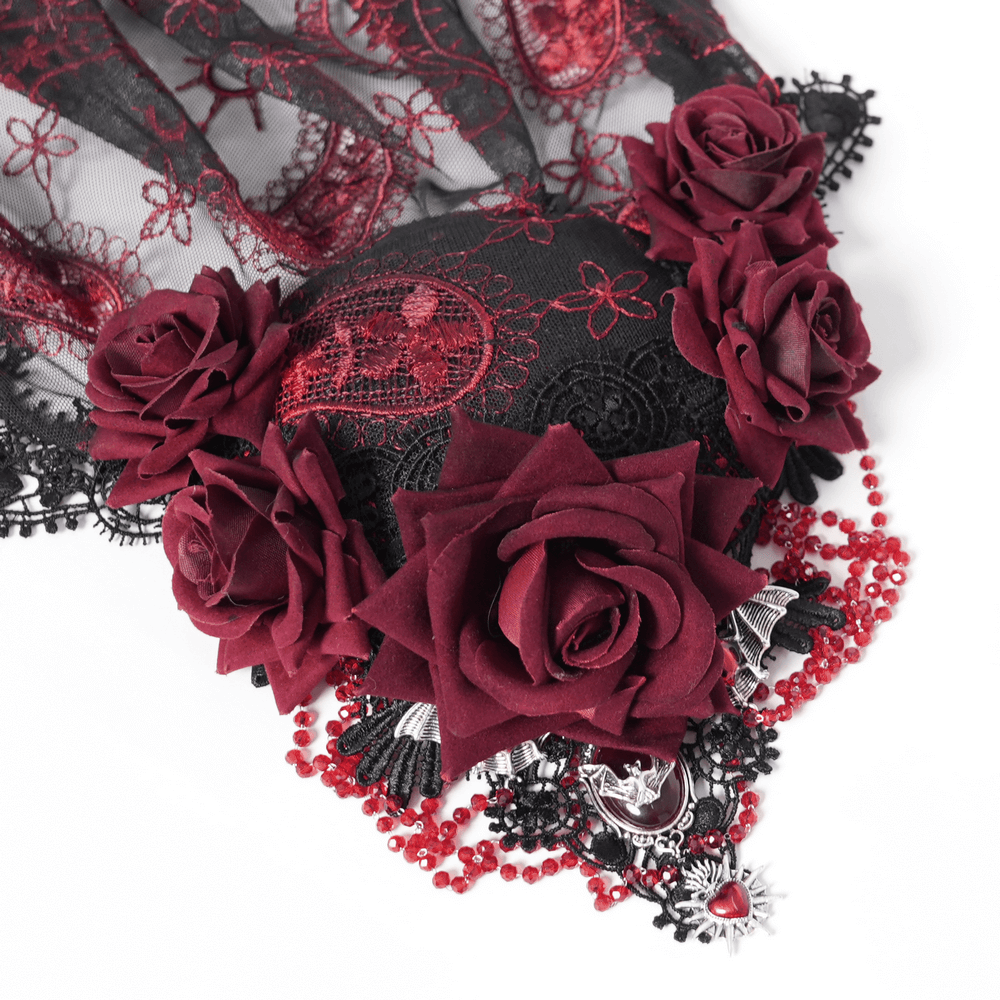 Dark romantic embroidered veil with wine red roses and skull pendant on sheer black lace.