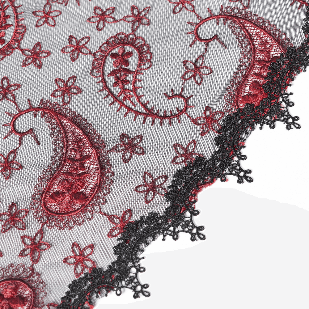 Dark romantic lace featuring wine red paisley embroidery on sheer black mesh, perfect for gothic themes.