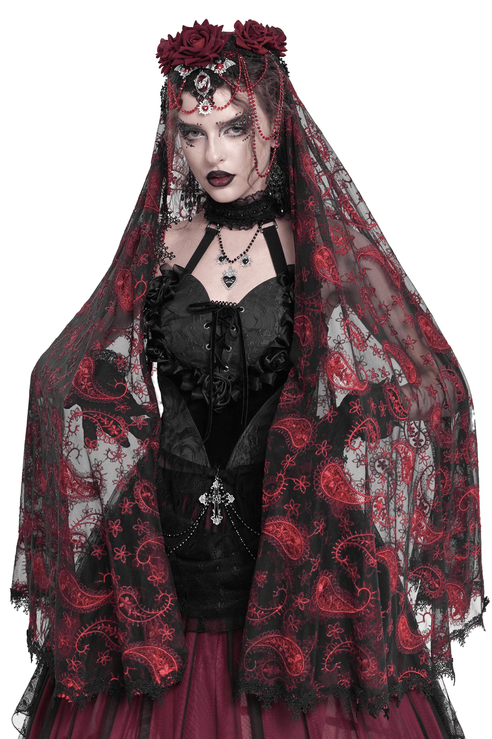Dark romantic embroidered veil with rose headpiece and skull pendant on a model, perfect for gothic weddings and costumes.