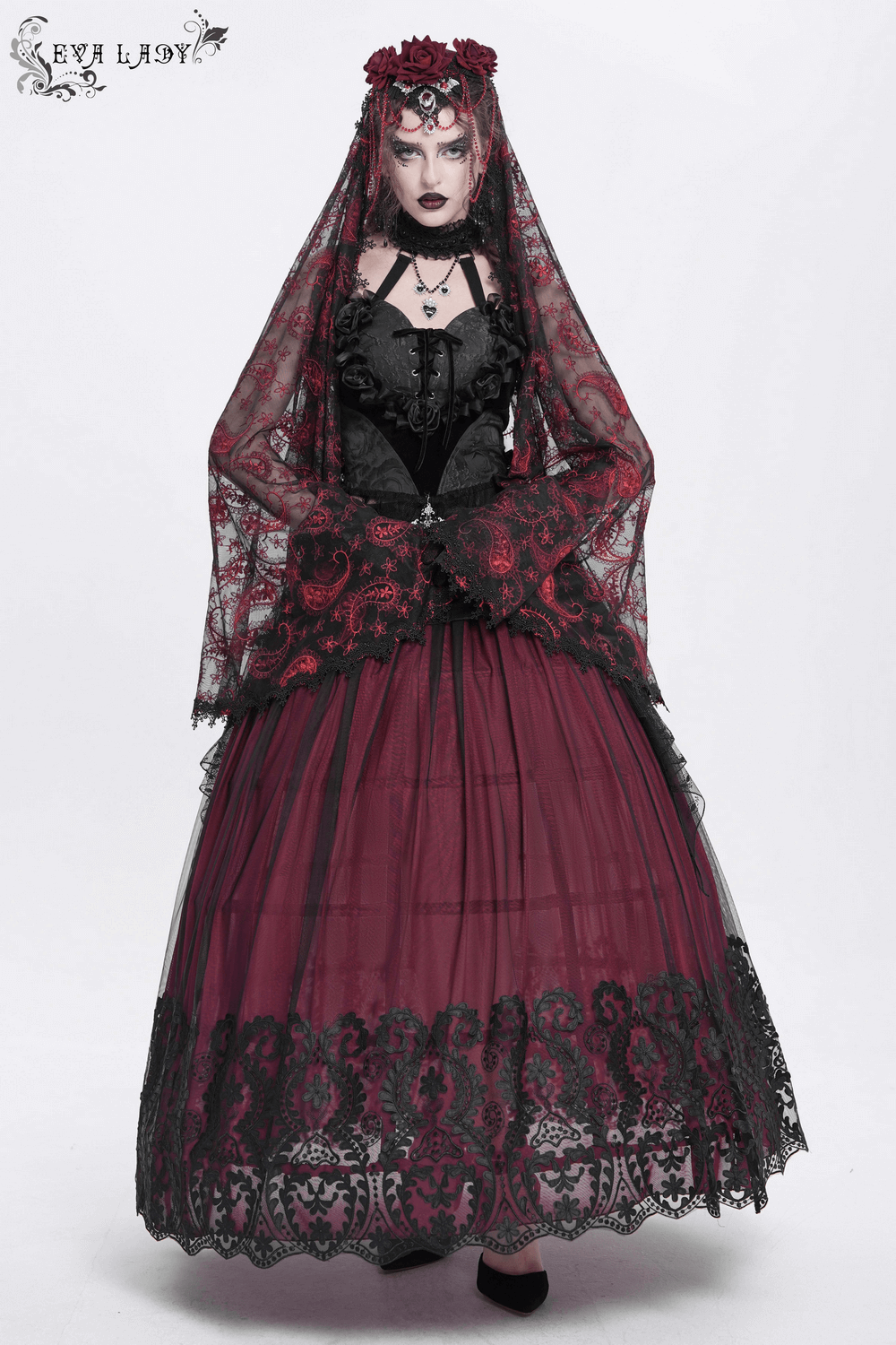 Gothic dark romantic embroidered veil with skull pendant, red roses, and beaded chains, perfect for alternative outfits.