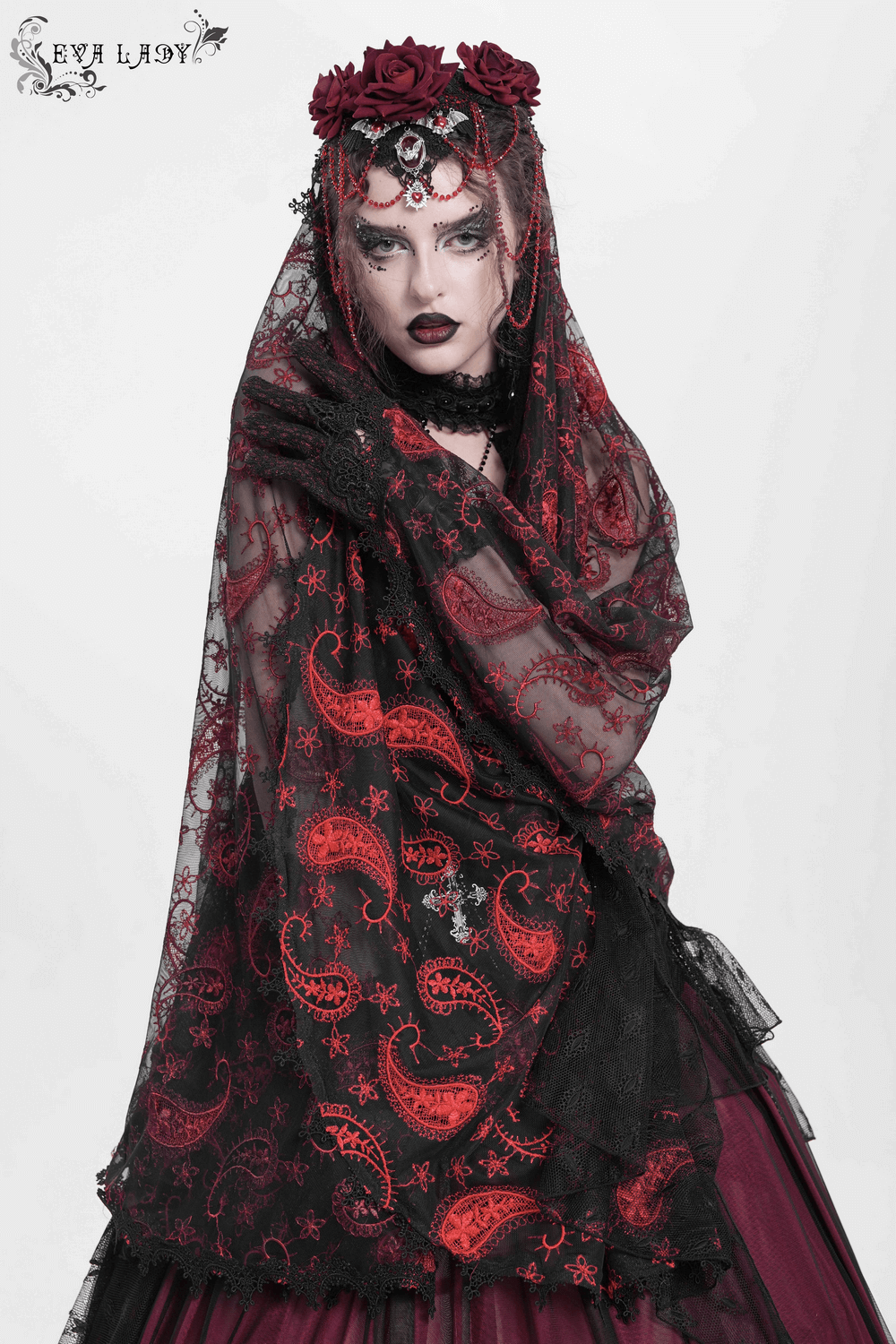 Gothic embroidered veil with skull pendant, wine red roses, and beaded chains, enhancing dark romantic aesthetics.