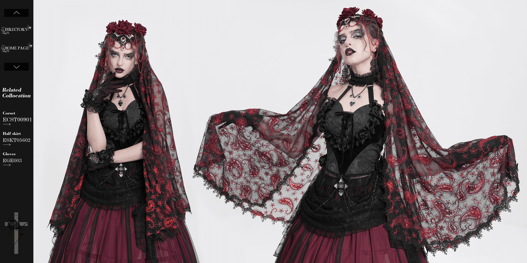 Dark romantic embroidered veil with skull pendant, roses, and cascading beaded chains, showcasing gothic style.