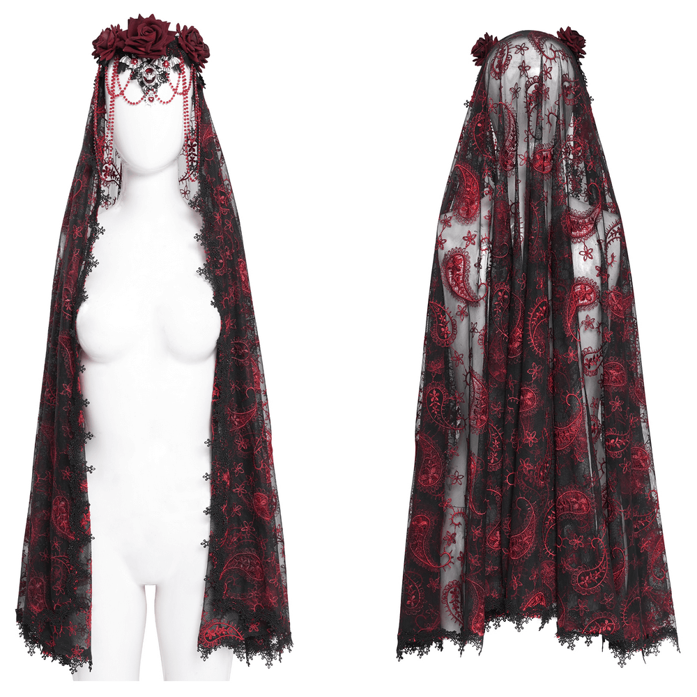 Dark romantic embroidered veil with skull pendant, wine red roses, and cascading beaded chains on sheer black lace.