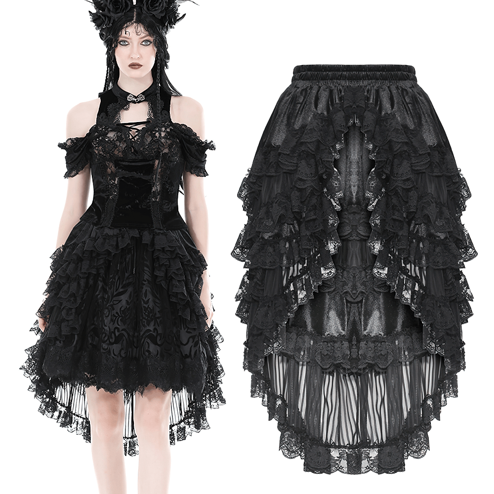 Dark romantic goth women's lace high-low skirt with dramatic ruffles and high-waisted silhouette.