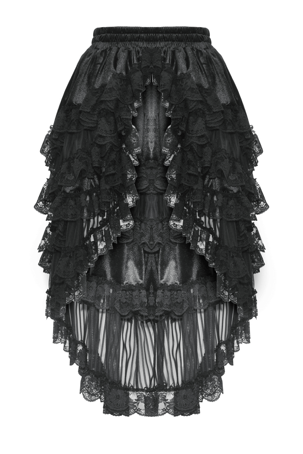 Elegant black lace high-low skirt with dramatic ruffles, perfect for gothic style and romantic flair.
