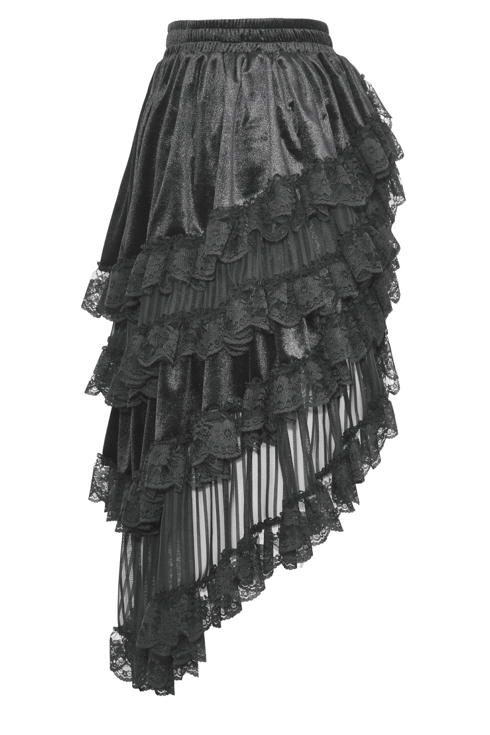 Dark romantic black lace high-low skirt featuring dramatic ruffles and a playful asymmetrical hem.