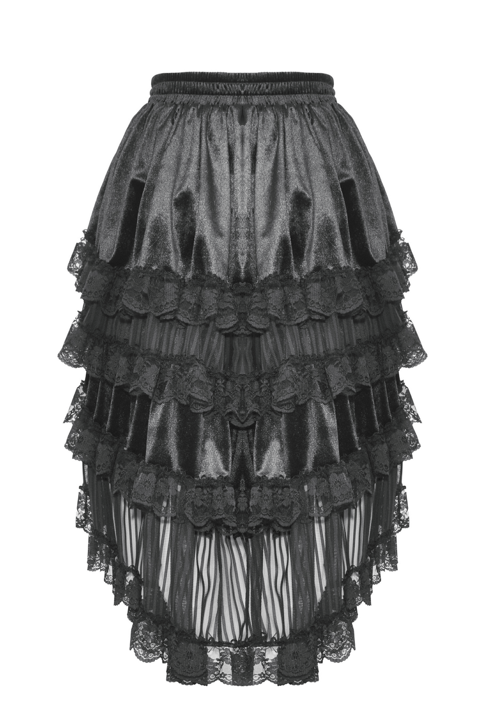 Dark romantic black lace high-low skirt with ruffles for a whimsical gothic look.
