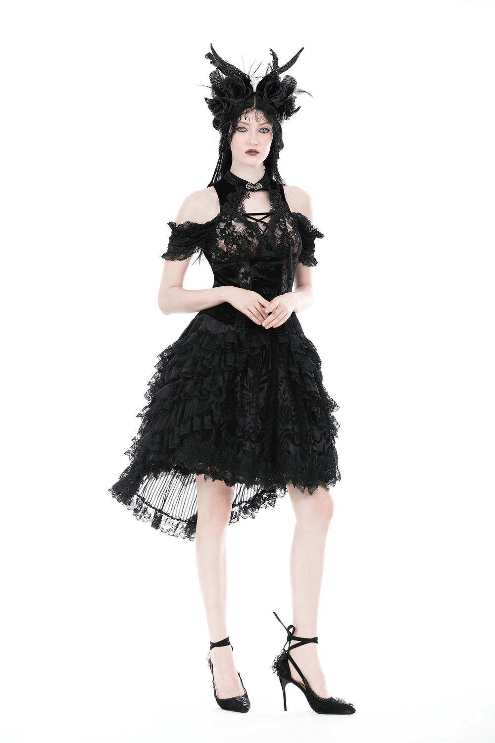 Dark romantic goth women's lace high-low skirt with ruffles, perfect for budding dark fairies.