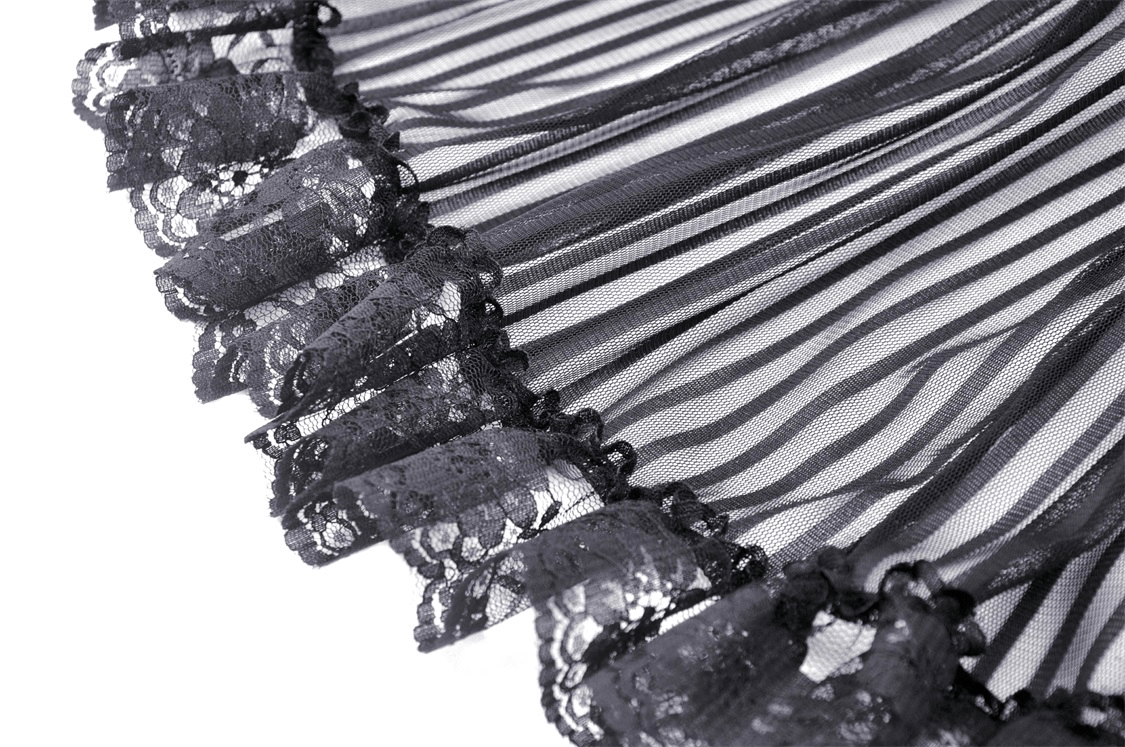 Close-up of dark romantic lace fabric highlighting ruffles and delicate texture, perfect for a gothic high-low skirt.
