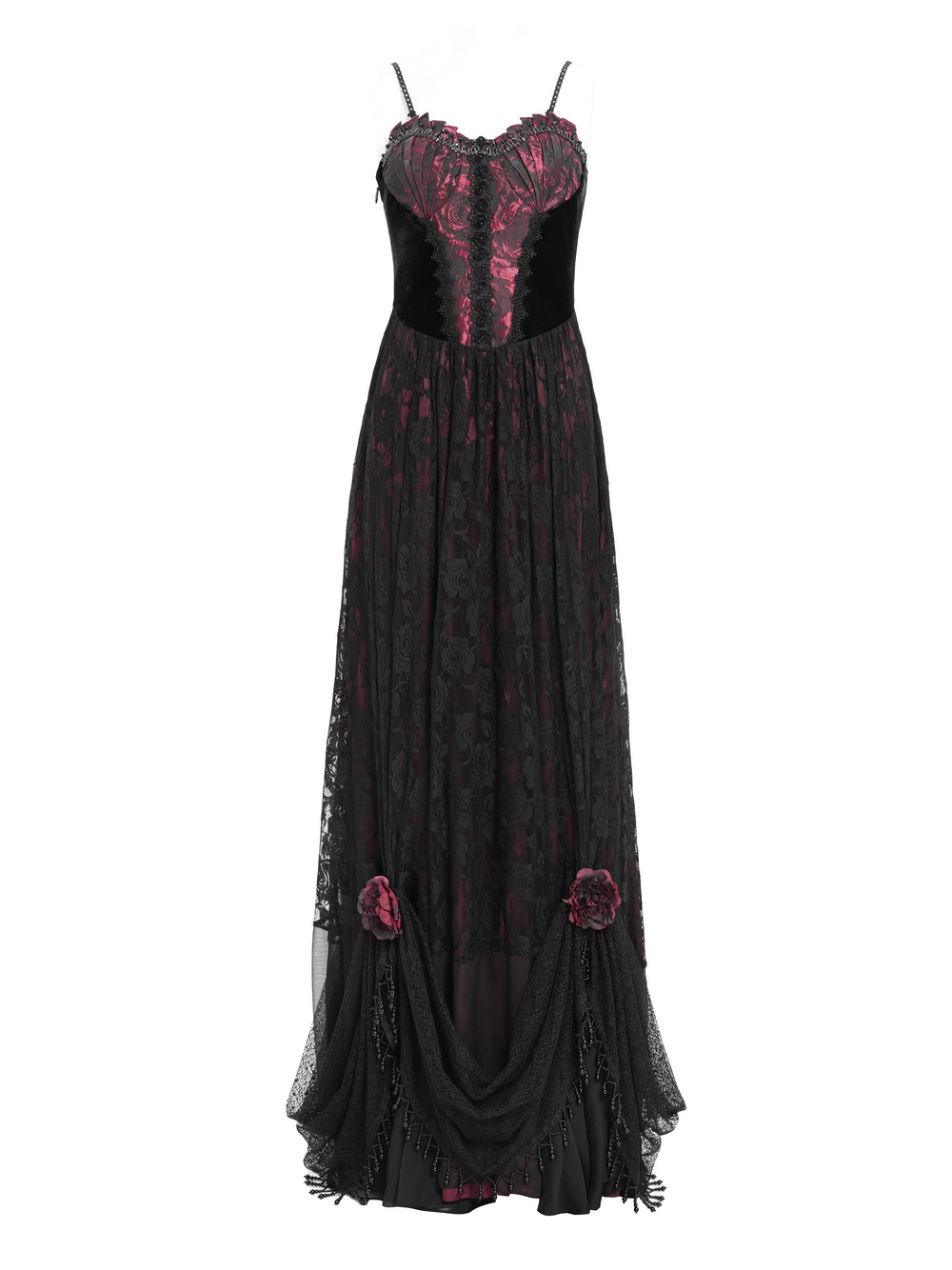 Dark romantic Gothic gown with black lace, wine red velvet corset, and floral details perfect for evening wear.