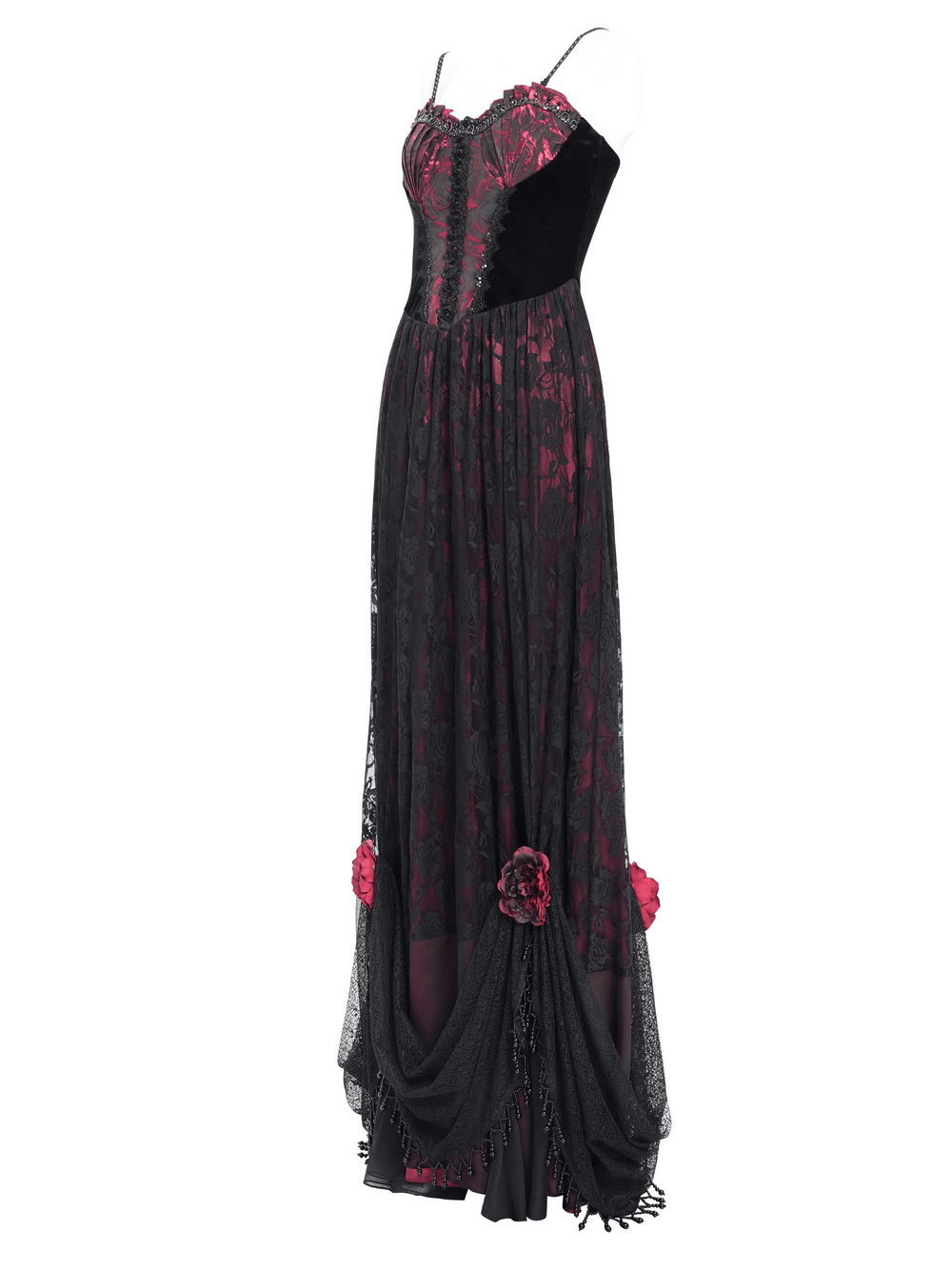 Dark romantic gothic gown featuring black lace, wine red velvet corset, and floral appliqués for an elegant silhouette.