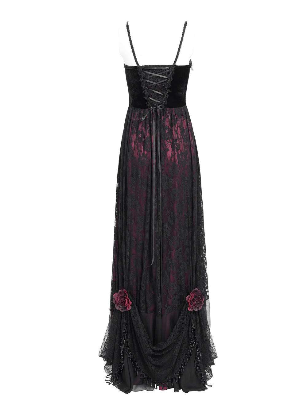 Back view of gothic black lace evening gown with wine red velvet corset and floral embellishments, showcasing elegant design.