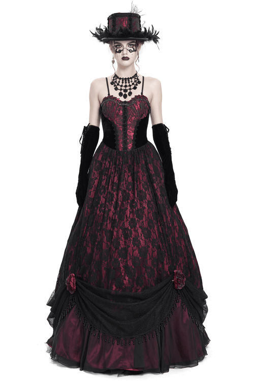 Dark Romantic Gothic Gown with Floral Lace and Corset Back