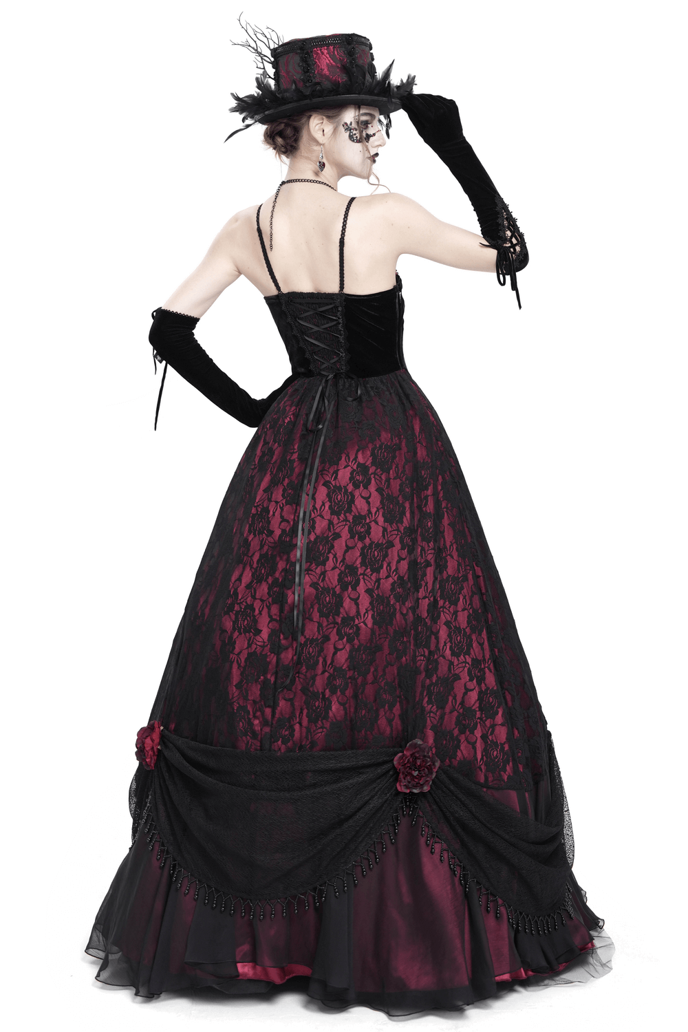 Back view of a dark gothic gown featuring black lace, wine red corset, and floral details, perfect for evening events.