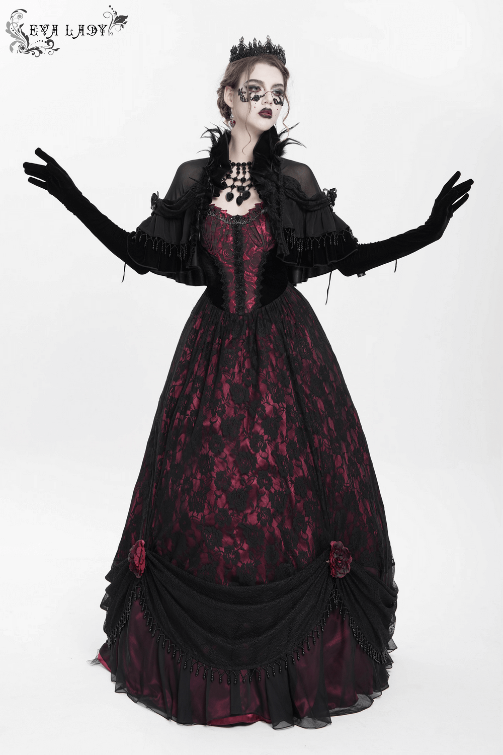 Dark romantic gothic gown featuring black lace, wine red velvet corset, and floral lace details, perfect for evening wear.