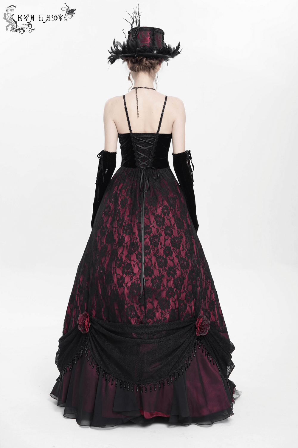 Elegant dark gothic gown with wine red corset, lace panels, and floral details, perfect for special occasions.
