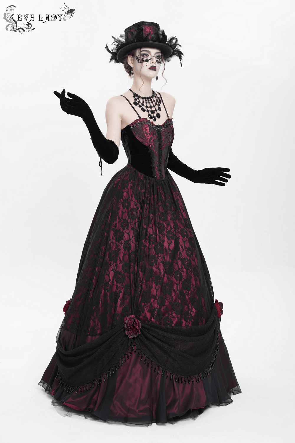 Elegant dark romantic gothic gown with black lace and wine red corset accents, perfect for evening events.