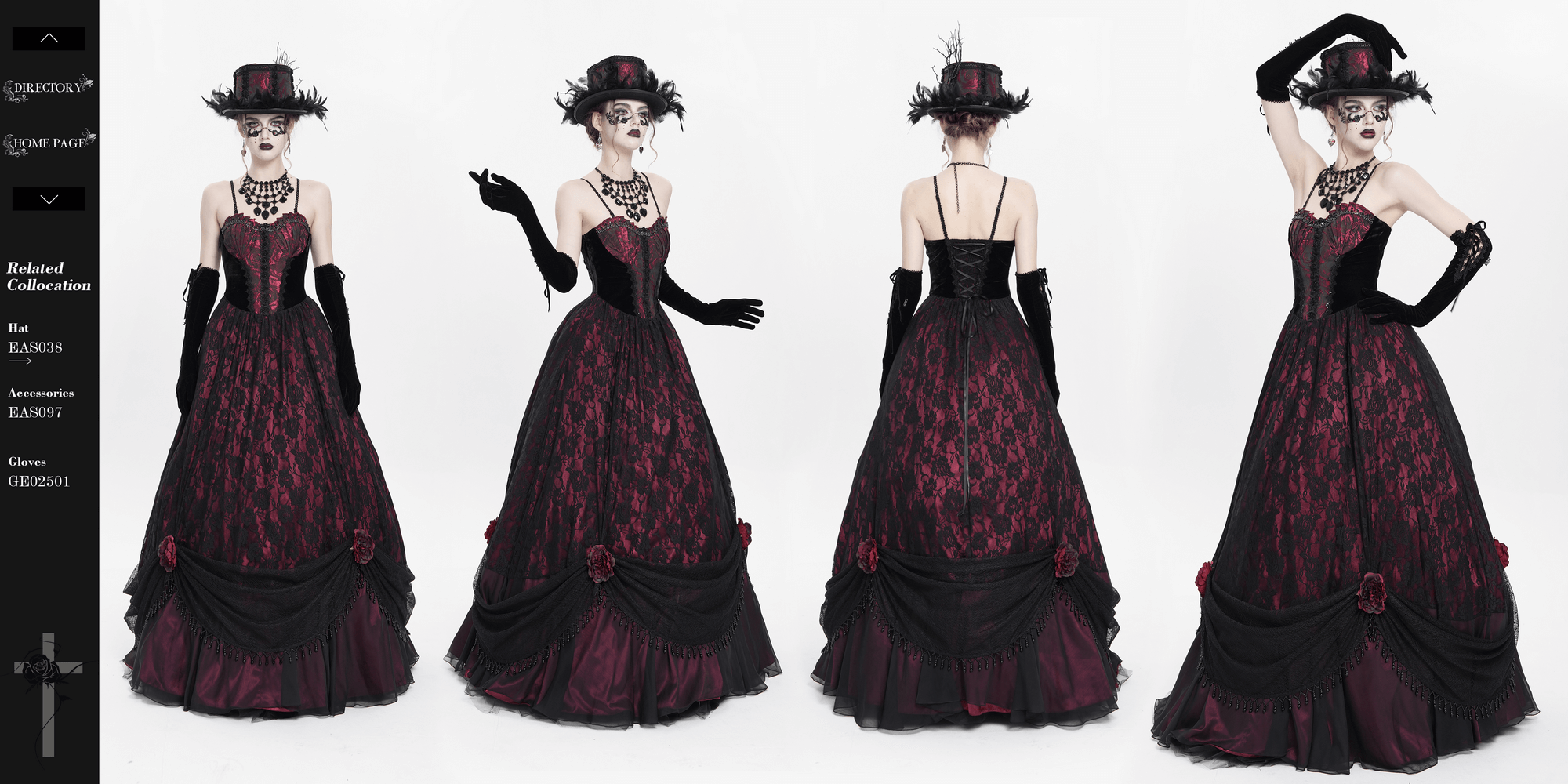 Gothic romantic gown in black lace and wine red corset, featuring floral details and elegant gloves, perfect for evening wear.