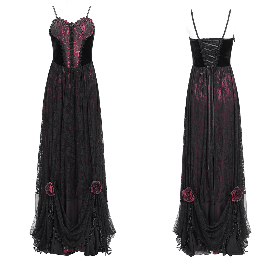 Dark romantic gothic gown featuring floral lace, wine red velvet corset, and elegant draped skirt with rose appliqués.