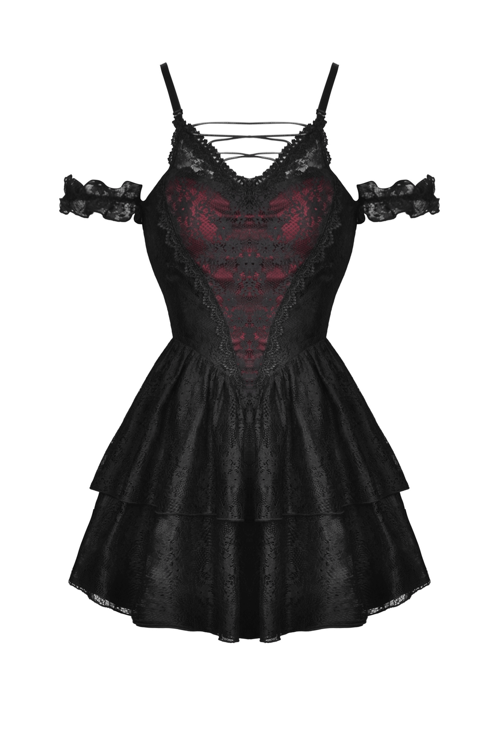 Dark romantic gothic lace off-shoulder mini dress in black with crimson lace details and layered skirt.