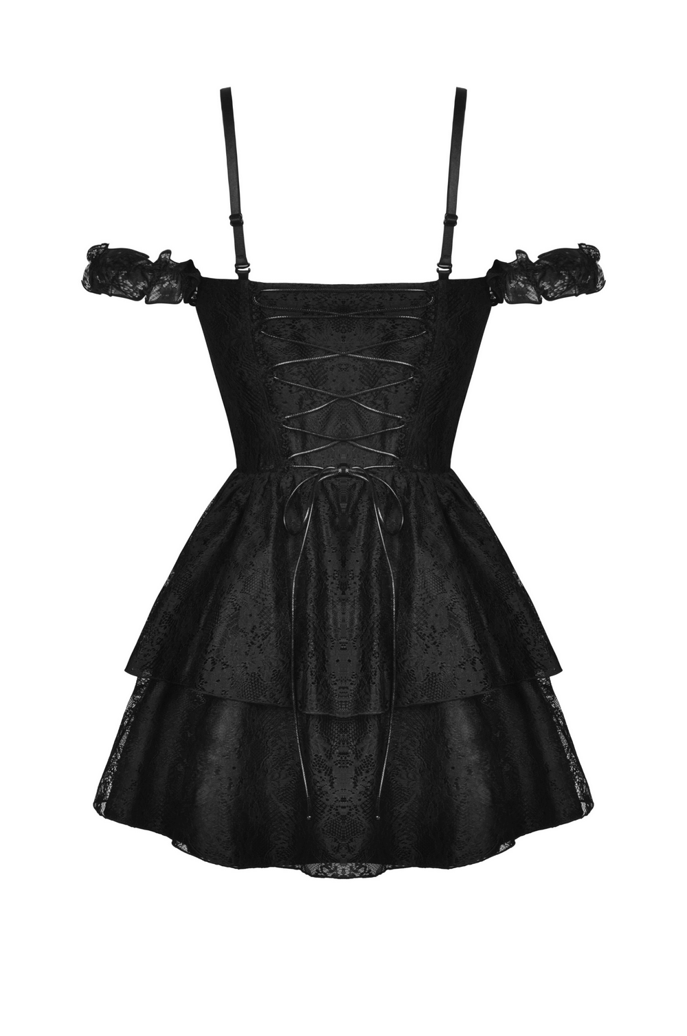 Elegant black lace off-shoulder mini dress with tiered skirt and lace-up bodice, perfect for gothic style.