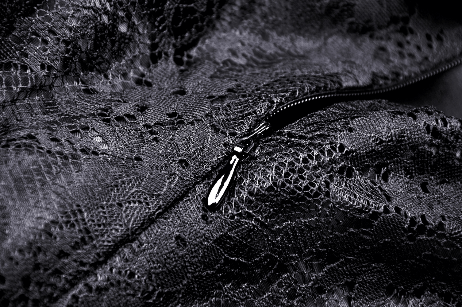 Close-up of dark romantic lace fabric with a zipper, showcasing gothic elegance and intricate textures.
