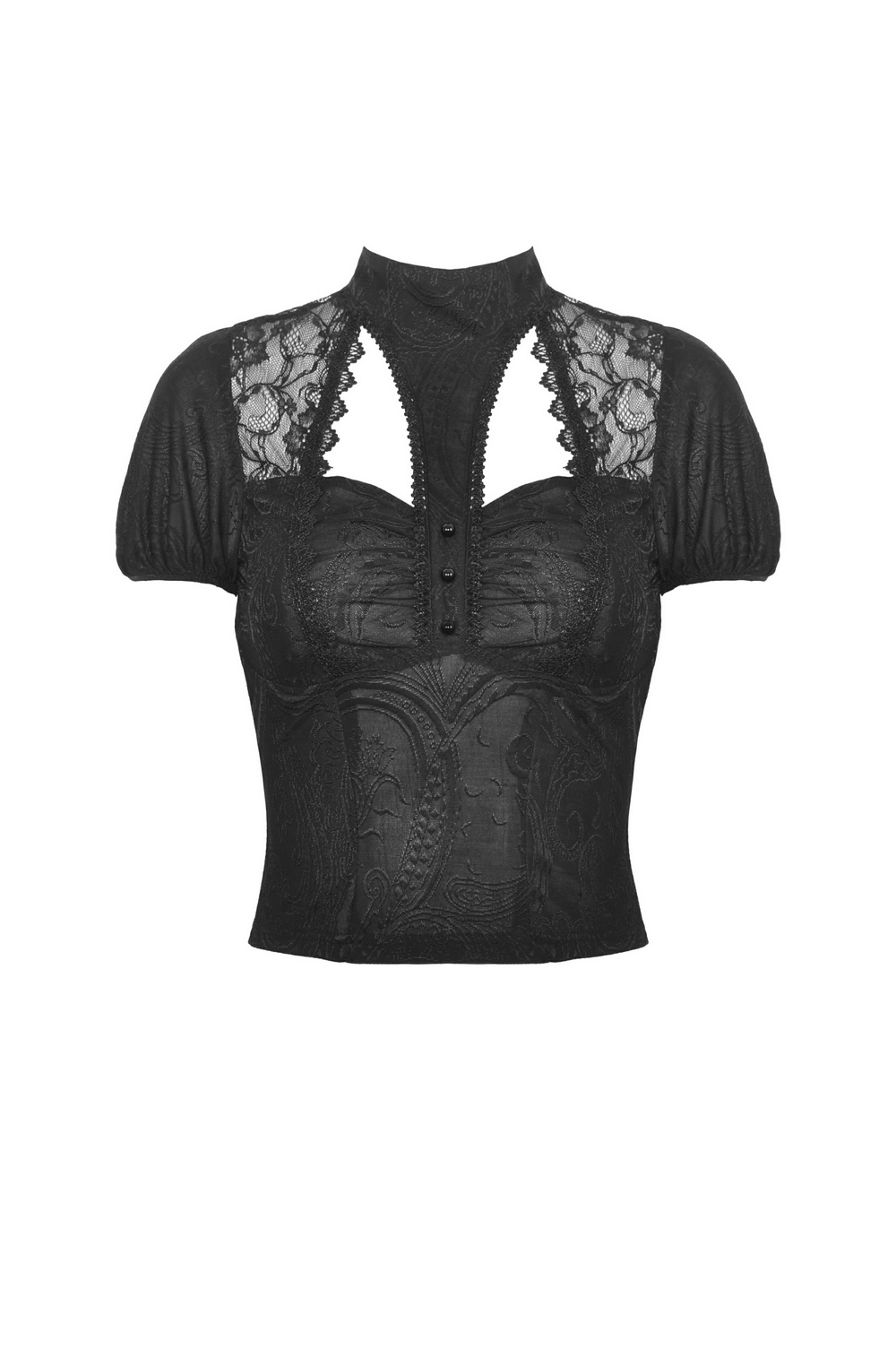 Dark romantic black lace top with short puff sleeves and crescent moon cutout, perfect for a gothic look.