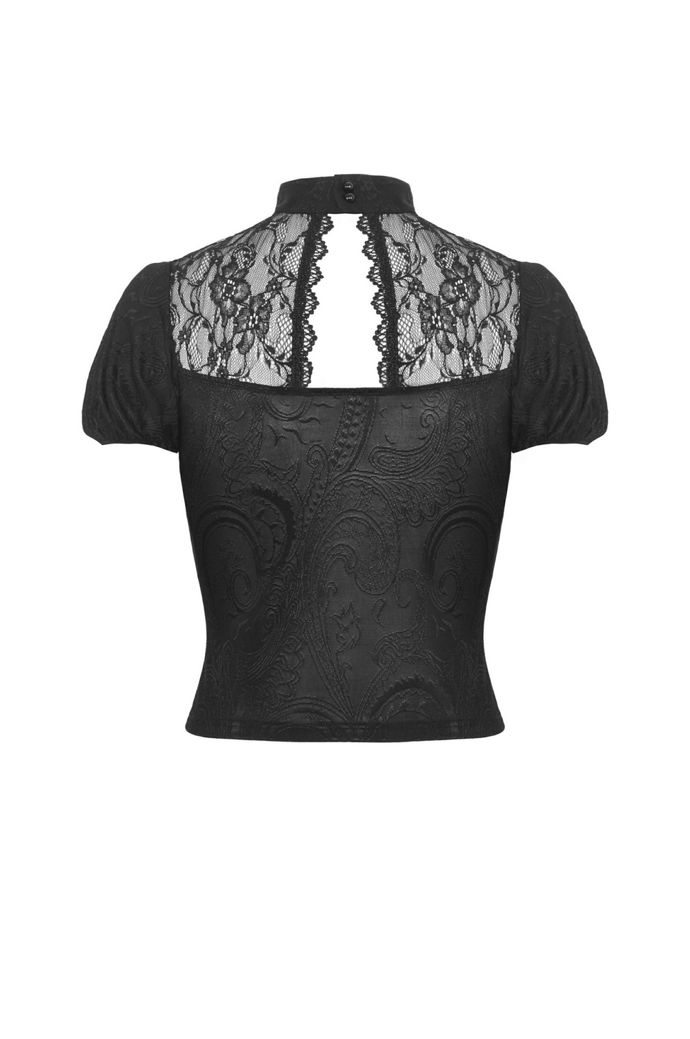 Back view of Dark Romantic Gothic Lace Top with short puff sleeves and crescent moon cutout detail.