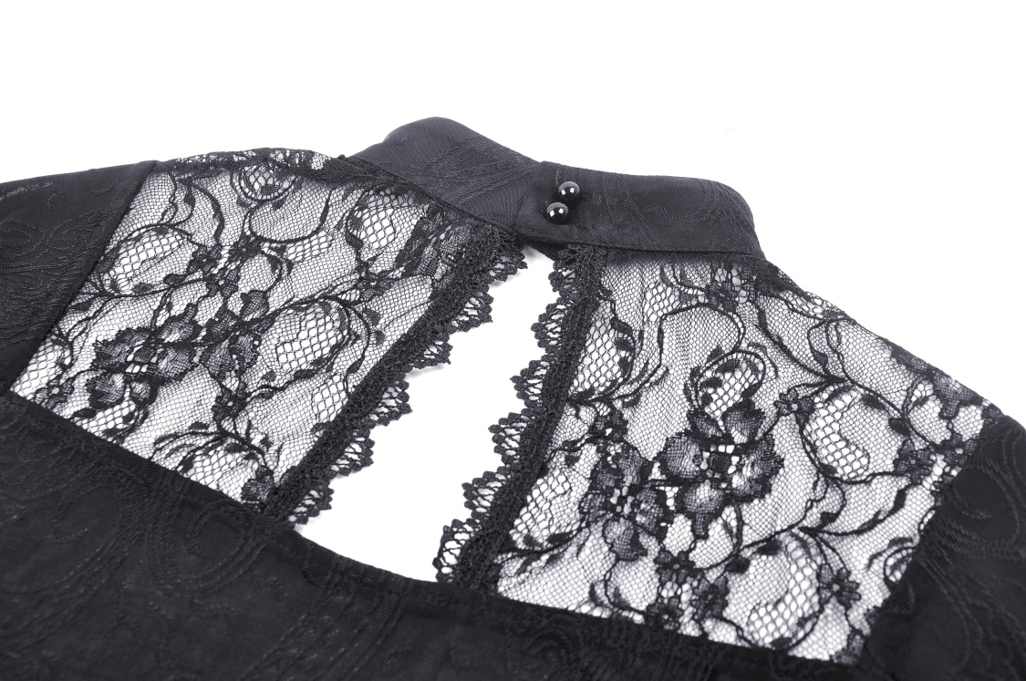 Close-up of black gothic lace top with intricate lace back design and button closure, perfect for a dark romantic look.