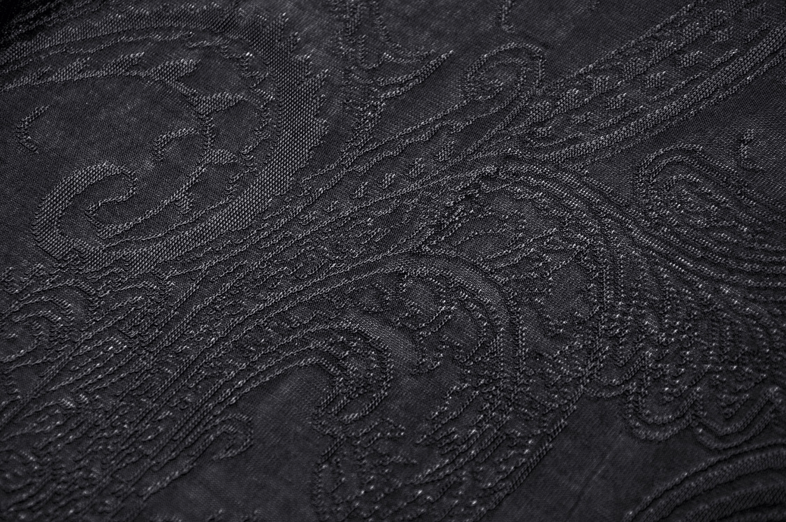 Close-up of elegant black lace fabric featuring intricate gothic patterns and textures.