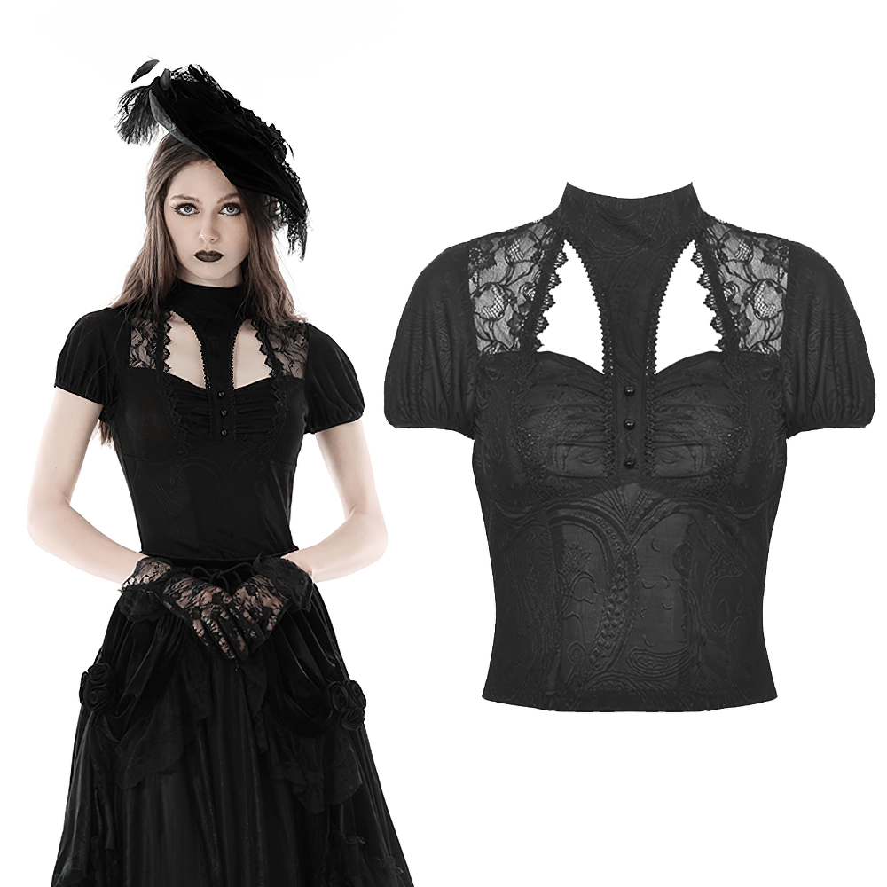 Dark romantic gothic lace top with short puff sleeves and crescent moon cutout style.