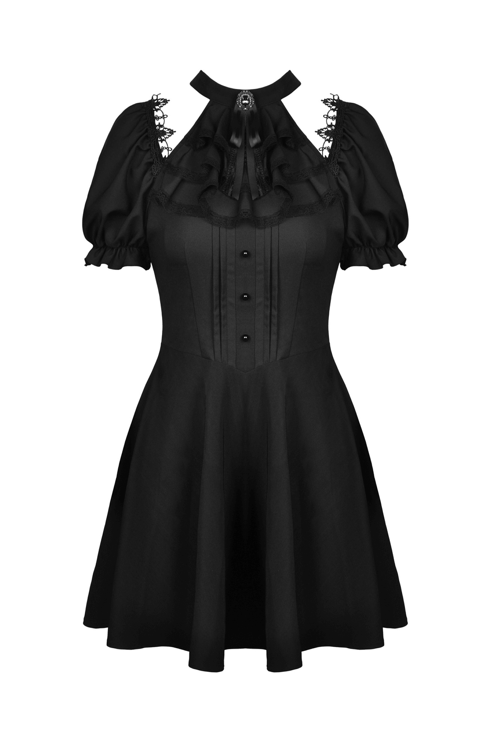 Dark romantic Gothic puff sleeve dress with ribbon bow and flattering fitted bodice in black.