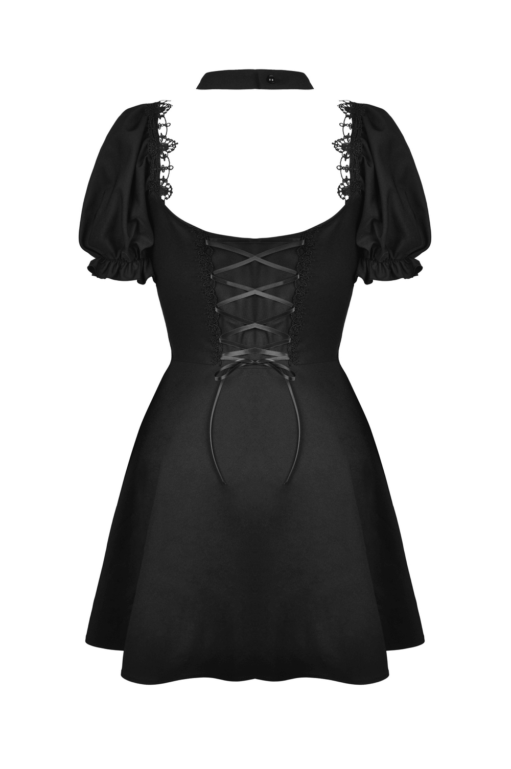 Stylish black puff sleeve dress with lace-up back and detachable collar, perfect for gothic romantic vibes.