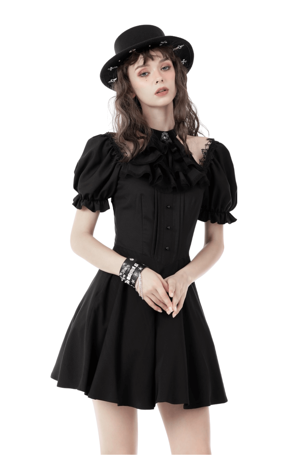 Dark romantic gothic puff sleeve dress with ribbon bow and short skirt, perfect for a chic night out or cosplay.