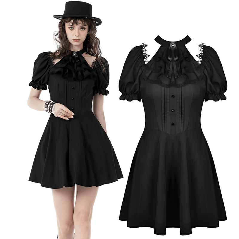 Dark romantic gothic puff sleeve dress with ribbon bow and contrasting cuffs, perfect for a flair of goth princess style.