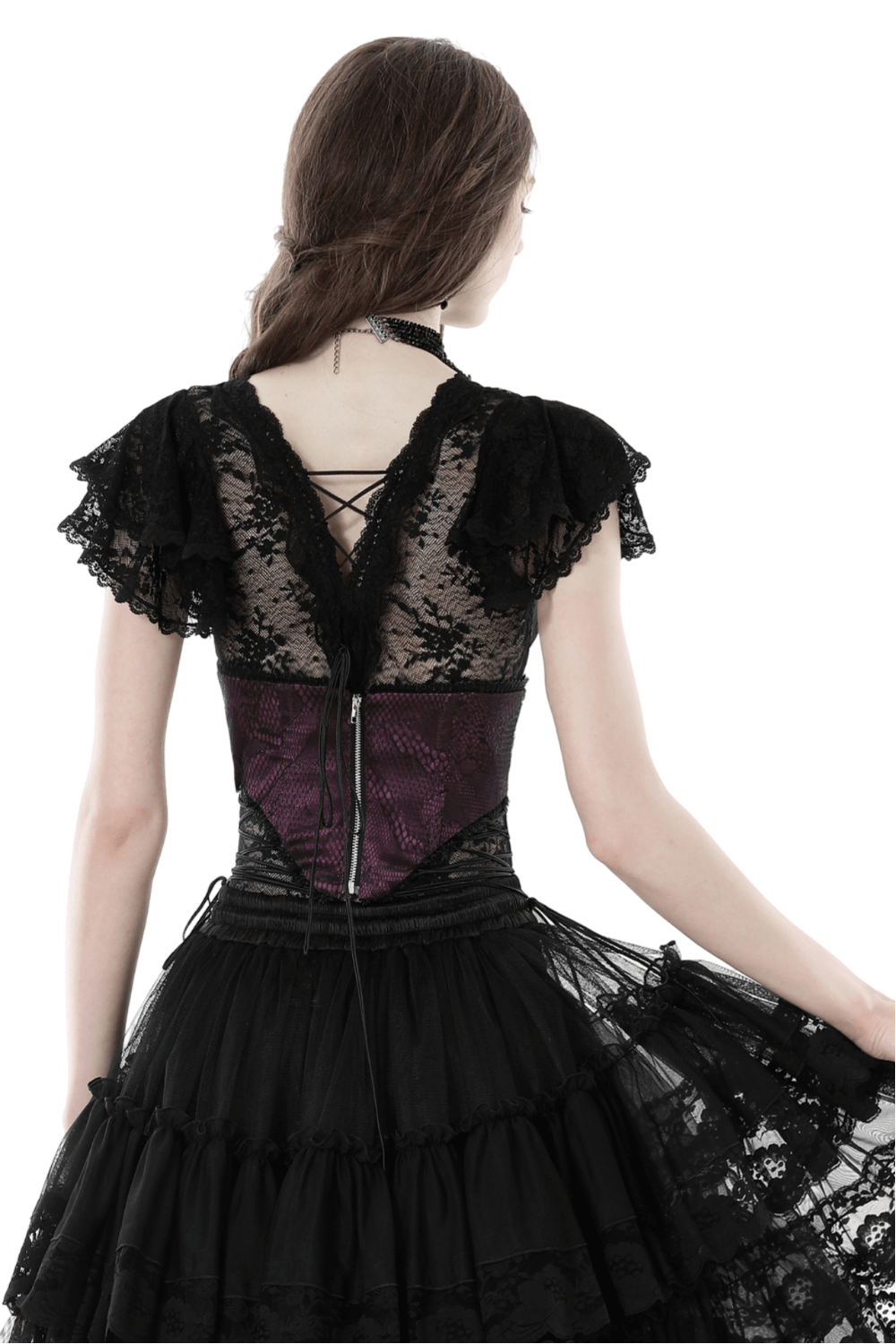 Dark Romantic Lace Crop Top - Gothic V-Neck Short Sleeves