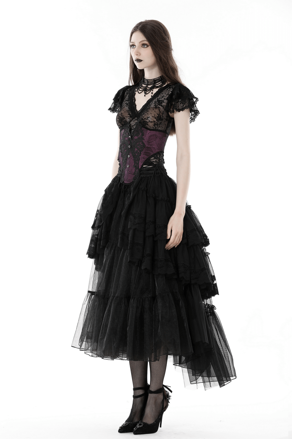 Dark Romantic Lace Crop Top - Gothic V-Neck Short Sleeves