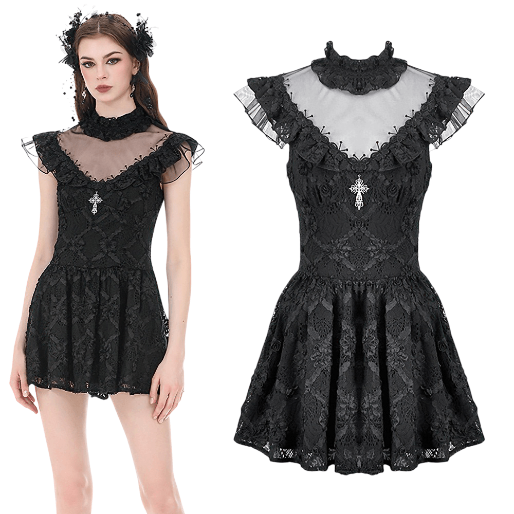 Dark Romantic Lace Mini Dress with Corset Waist and Cross, featuring gothic lace, ruffled cap sleeves, and a decorative cross pendant.