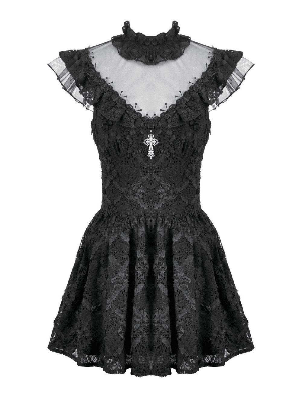 Dark Romantic Lace Mini Dress with Corset Waist and Cross featuring black gothic lace and Victorian ruffle trim.