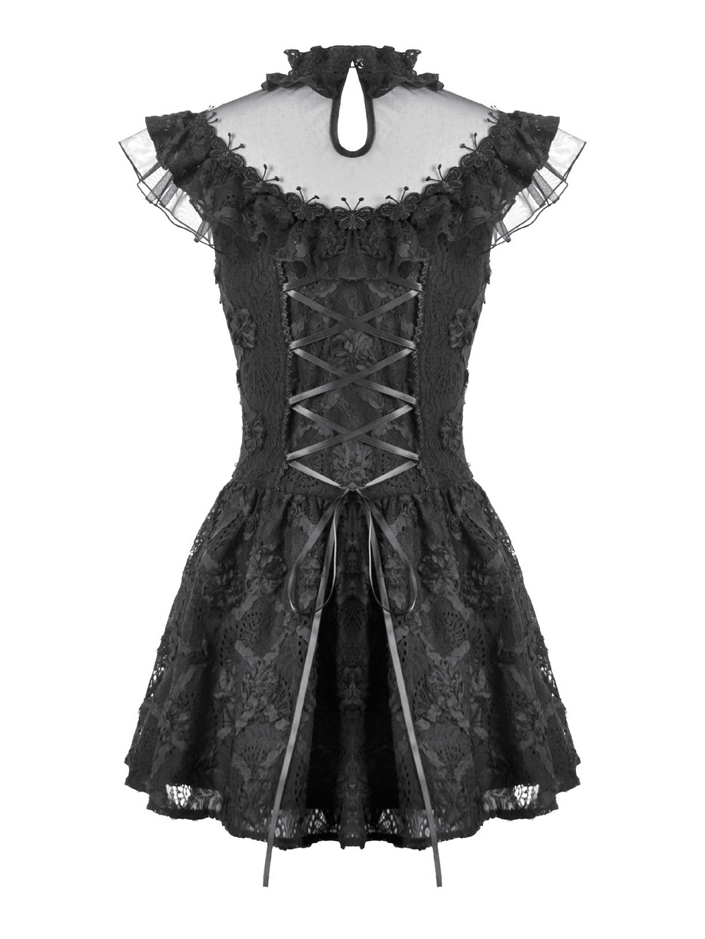 Dark Romantic Lace Mini Dress with Corset Waist and Cross showcasing delicate lace, corset details, and a flared skirt.