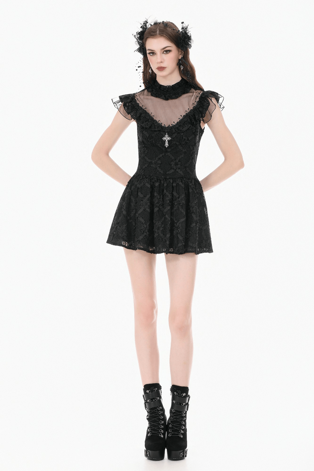 Dark Romantic Lace Mini Dress with Corset Waist and Cross featuring gothic lace and ruffled cap sleeves.